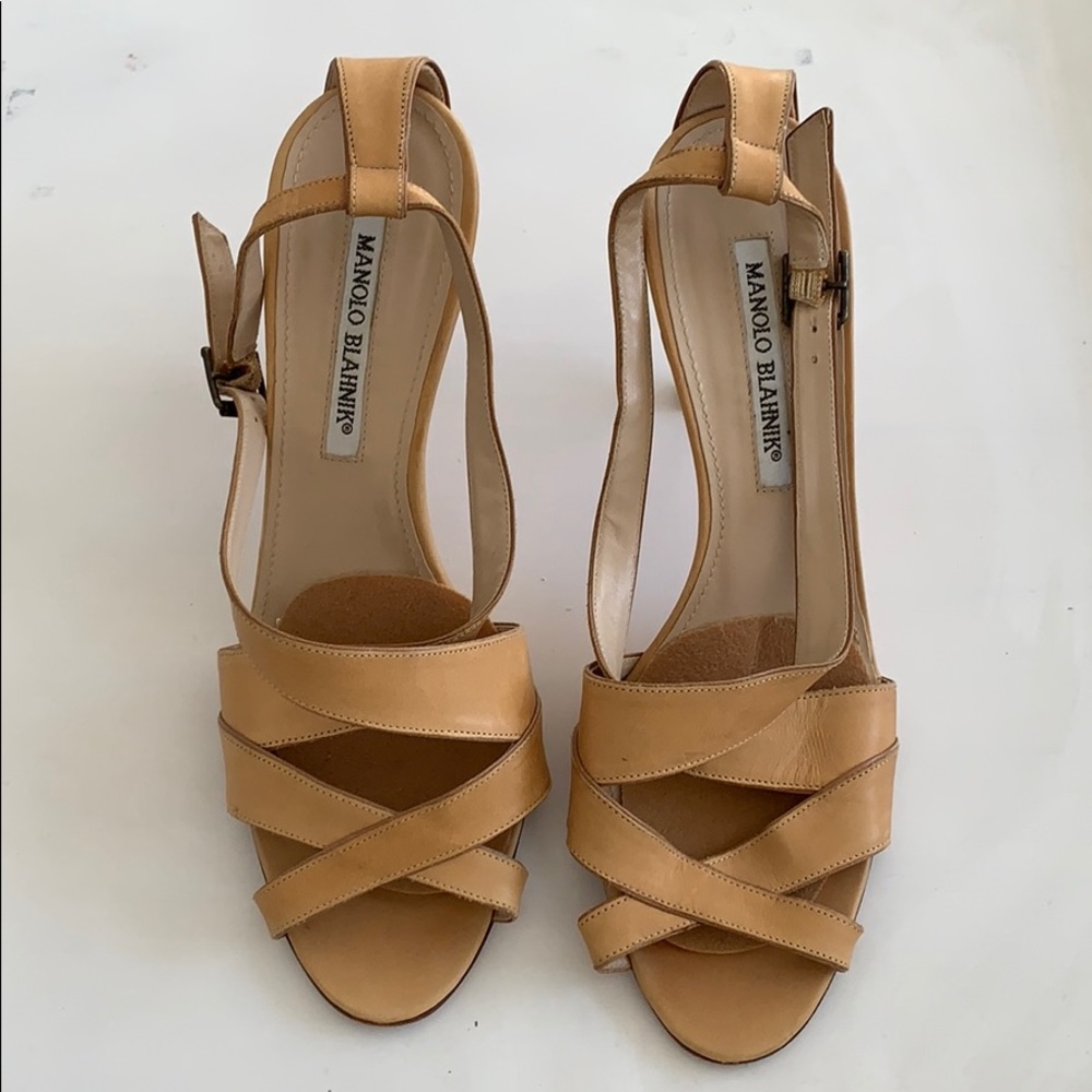 Manolo Blahnik Beige Crisscross Sandals